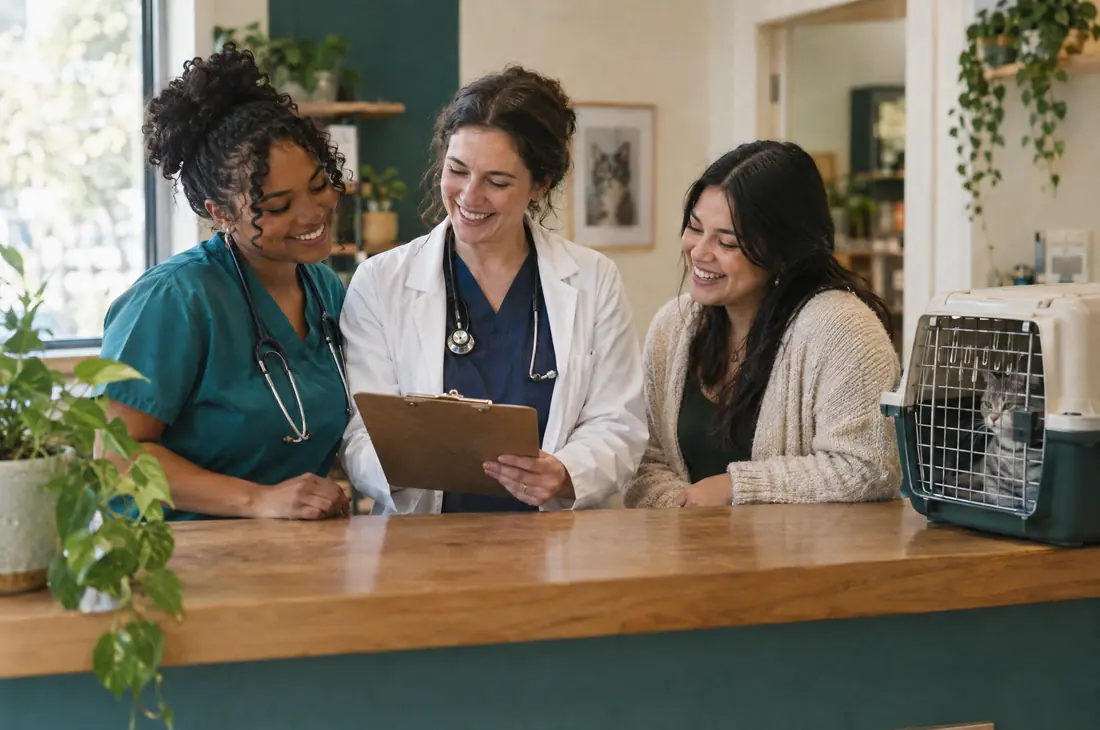 A veterinarian, a technician and a receptionist smiling over a clipboard at the clinic front desk