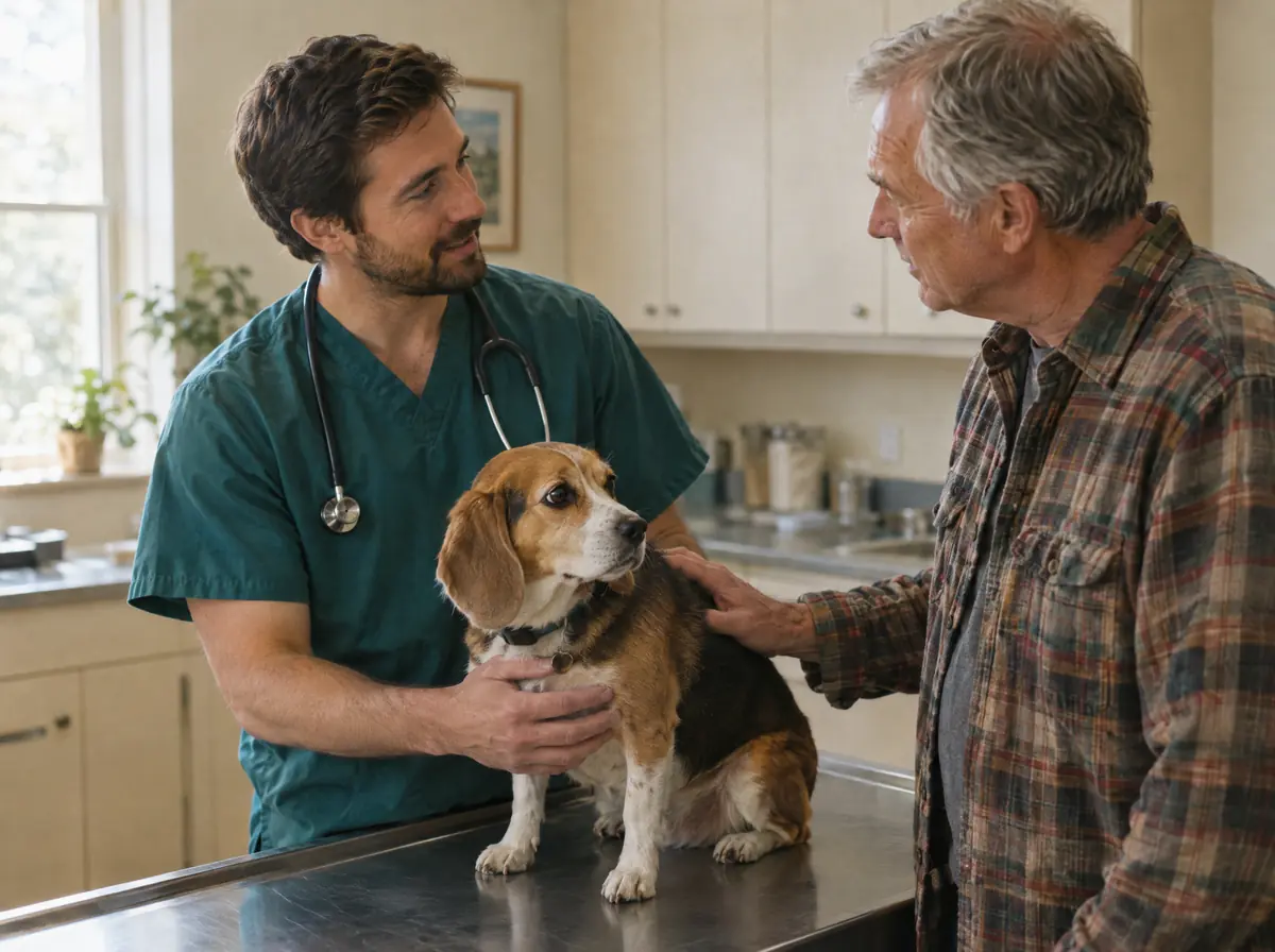 A veterinarian talking a beagle's owner through the treatment plan in the exam room