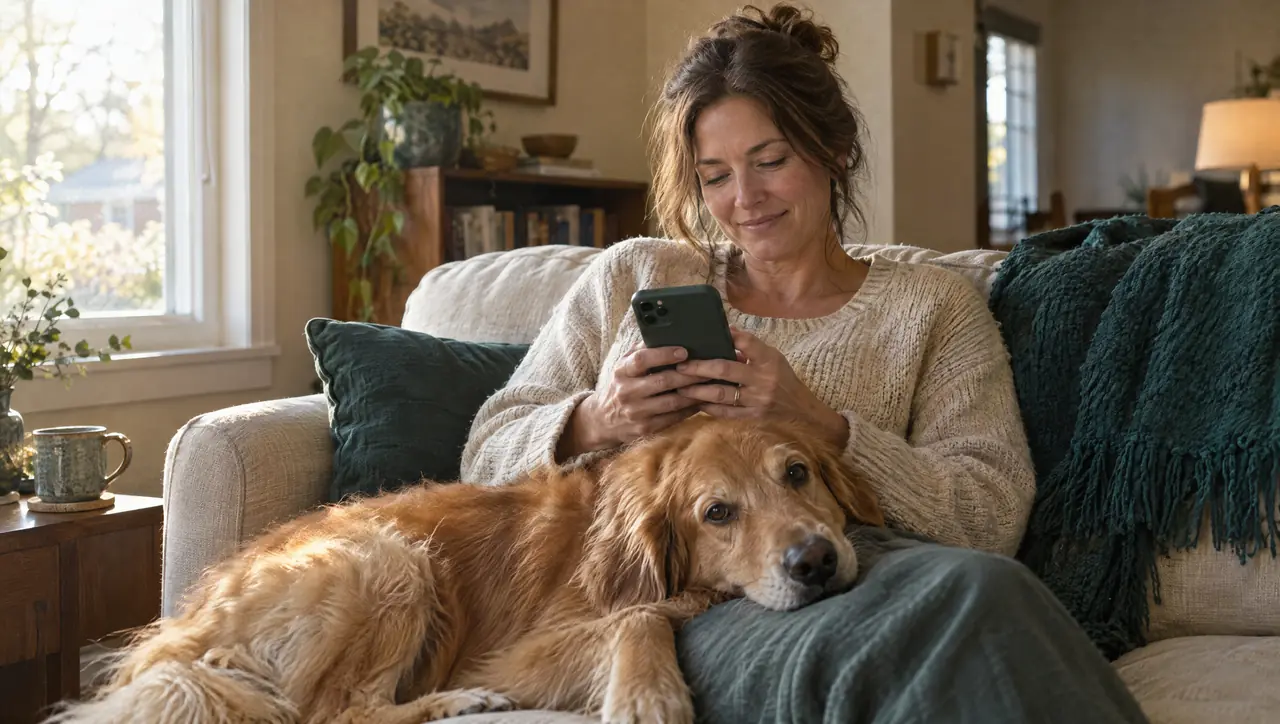A pet owner on her sofa reading a treatment plan on her phone, her golden retriever resting on her lap