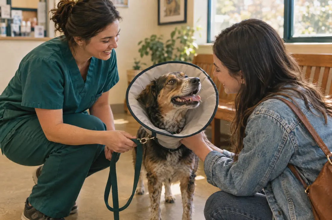 A technician handing a dog in a recovery cone back to its smiling owner