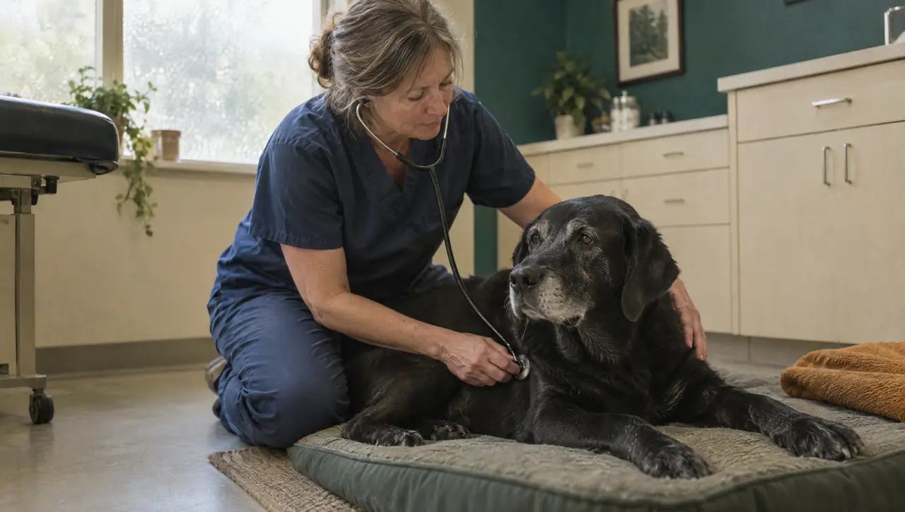 A veterinarian kneeling beside a senior black Labrador, listening with a stethoscope